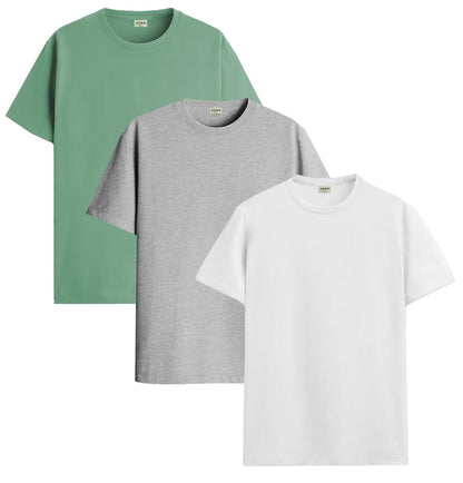 ADRO Mens Solid Regular Fit T-Shirt (RCM3-PLN-PT-WH-GR_Pista,White,Grey