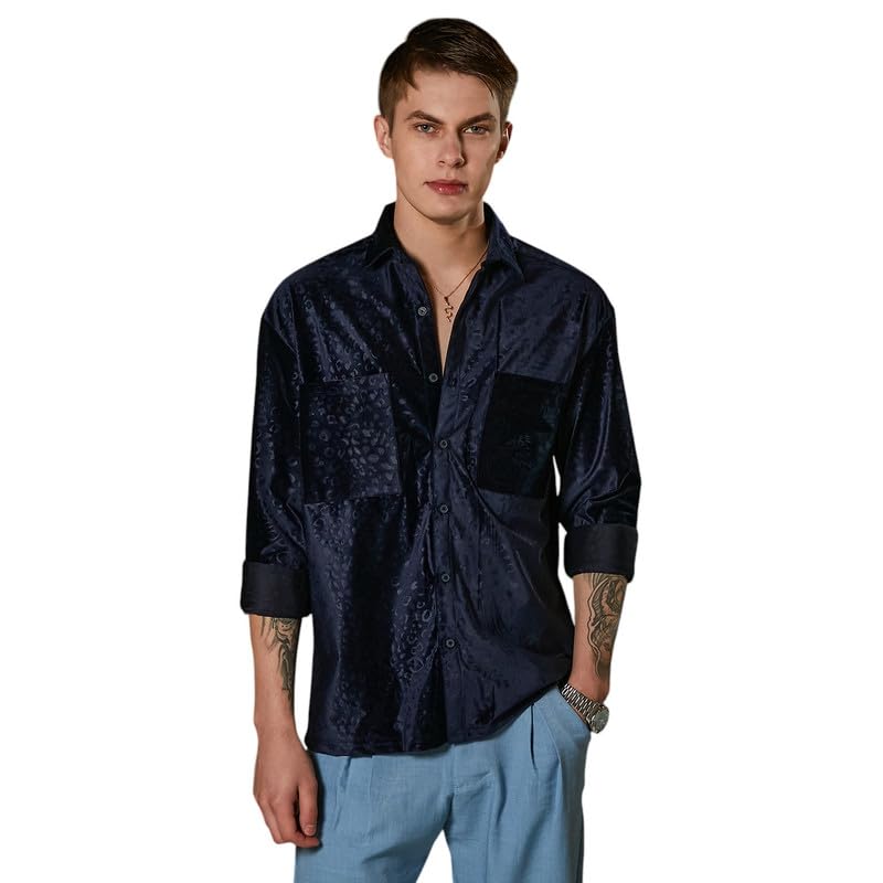 Campus Sutra Mens Navy Blue Cheetah Velvet Oversized Shirt for Casual Wear | Spread Collar | Long Cuffed Sleeves | Button Closu