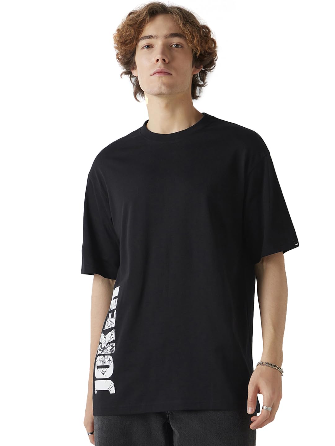 Bewakoof Official DC Merchandise Joker Mens Typography Oversized Fit Half Sleeve Round Neck Cotton Jersey T-Shirt_646651_Black_
