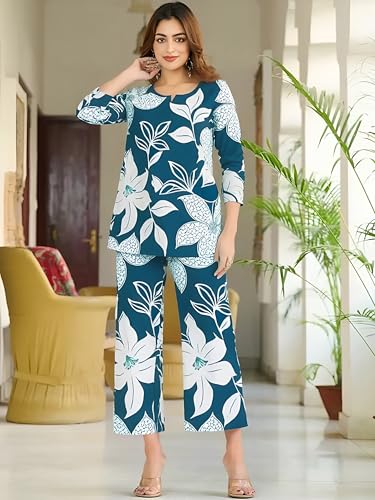 Pinkmint WomenS Pure Cotton Co Ord Set L Printed Stylish Top & Bottom Set L Wide-Leg Pant Loungewear L Day-To-Night Comfort Wea