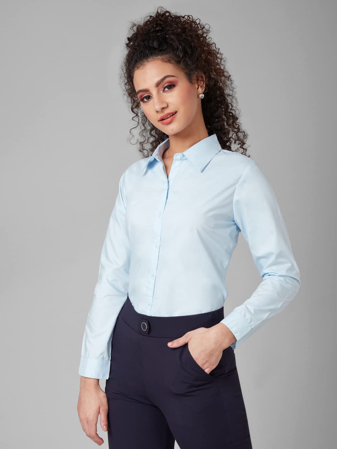 Style Quotient Women Solid Sky Blue Polycotton Regular Formal Shirt