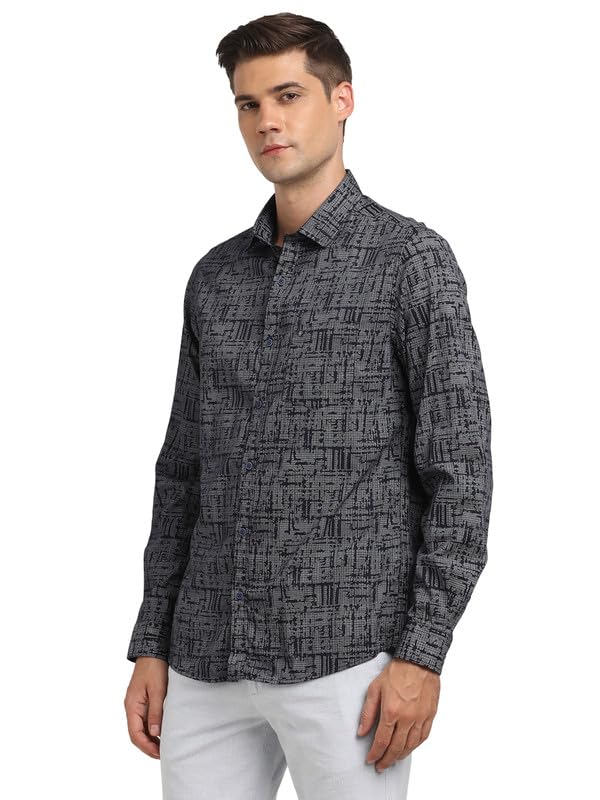 Turtle Men 100% Cotton Navy Prints Slim Fit Casual Shirt