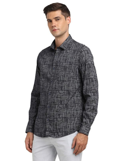 Turtle Men 100% Cotton Navy Prints Slim Fit Casual Shirt