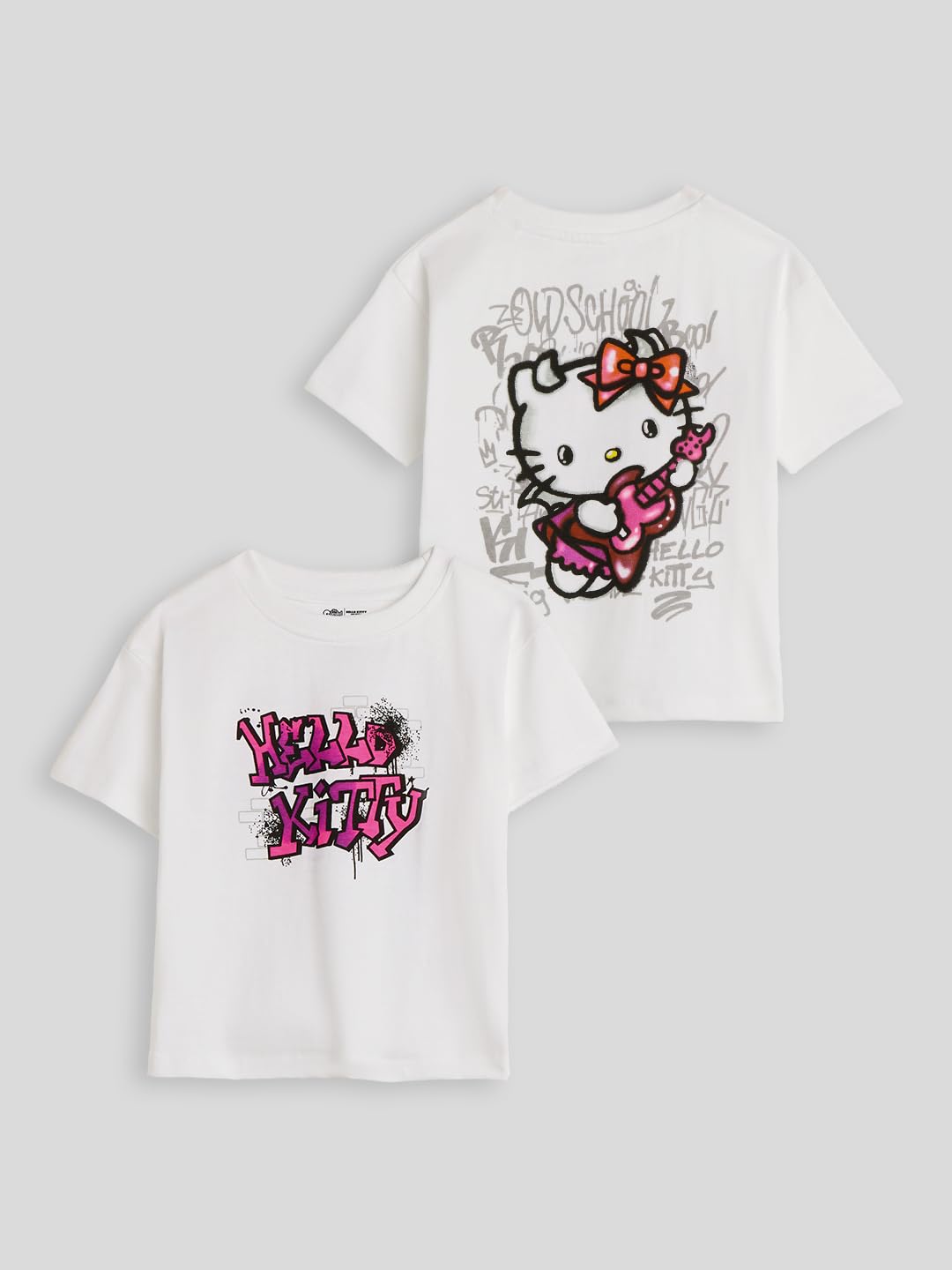 The Souled Store Hello Kitty: Musical Girls Short Sleeves Round Neck White Graphic Printed Cotton Oversized T-Shirts