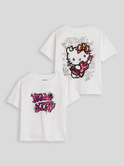 The Souled Store Hello Kitty: Musical Girls Short Sleeves Round Neck White Graphic Printed Cotton Oversized T-Shirts