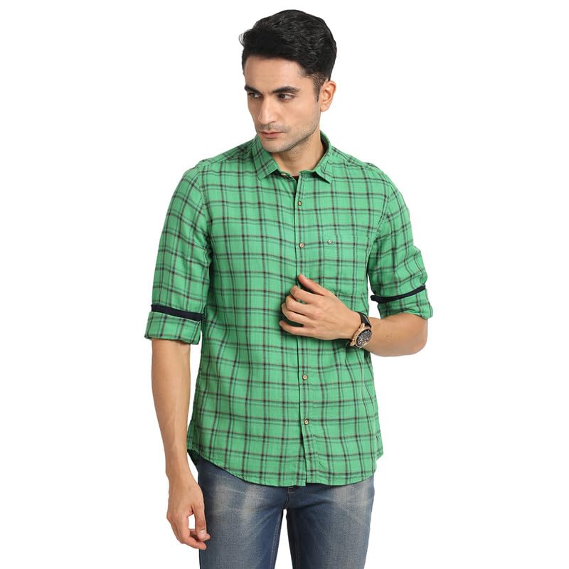 Turtle Men Cotton Viscose Slim Fit Casual Check Green Shirt