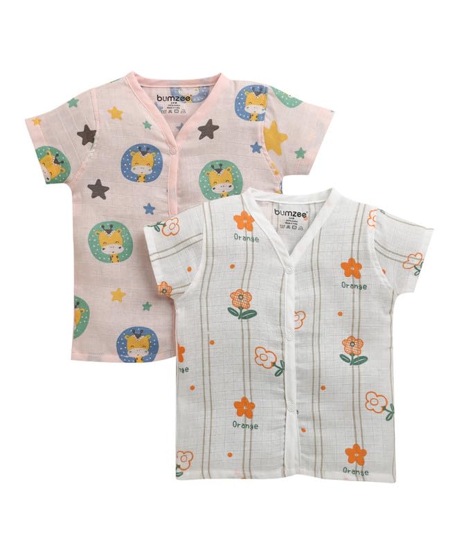 BUMZEE Girls Cotton Muslin Half Sleeves Floral Print Front Open Jabla Pack of 2 Pink & White - 12-18 Months (Peb11547E-pnk)