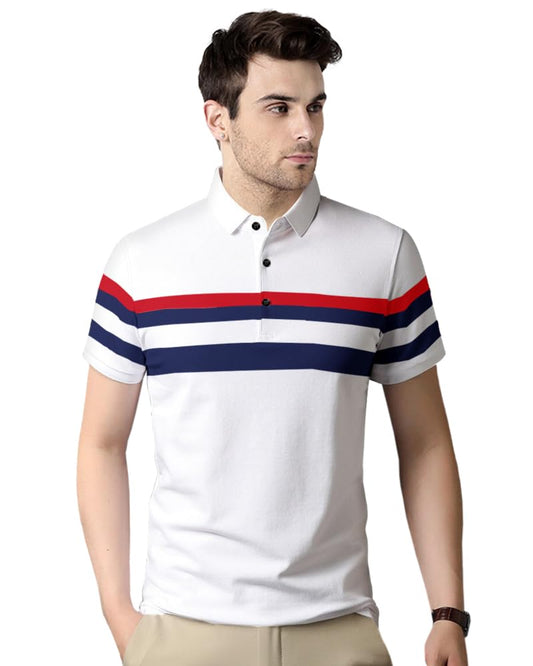 Eyebogler Polo Neck Half Sleeve Striped Print Regular Fit Casual Men Tshirt (Multicolor)