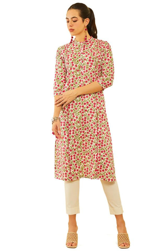 Soch Womens Red Cotton Floral Printed Princess Line Panelled Kurta