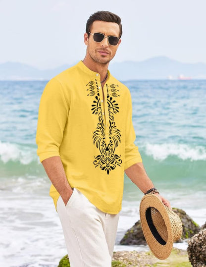 Finivo Fashion MenS Cotton Blend Short Kurta With Bold Printed Front Design | Full Sleeve Ethnic Casual Kurta With Mandarin Coll