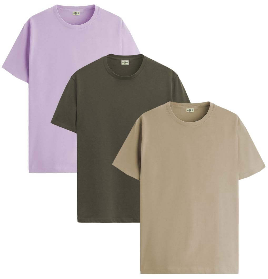 ADRO Men's Solid Regular Fit T-Shirt (RCM3-PLN-PU-OL-BE_Purple,Olive,Beige