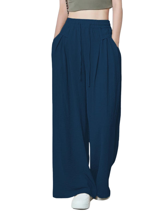Greciilooks WomenS Loose High Rise Textured Trousers | High-Waisted Pant | Korean Trousars Blue