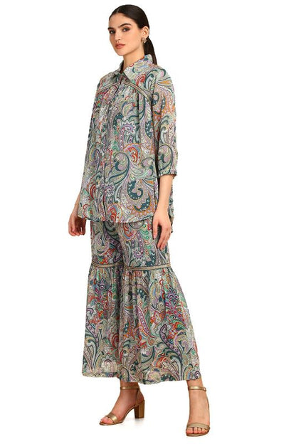 Soch Womens Teal Ethnic Motifs Print Georgette Blend Co-Ord Set With Sequins