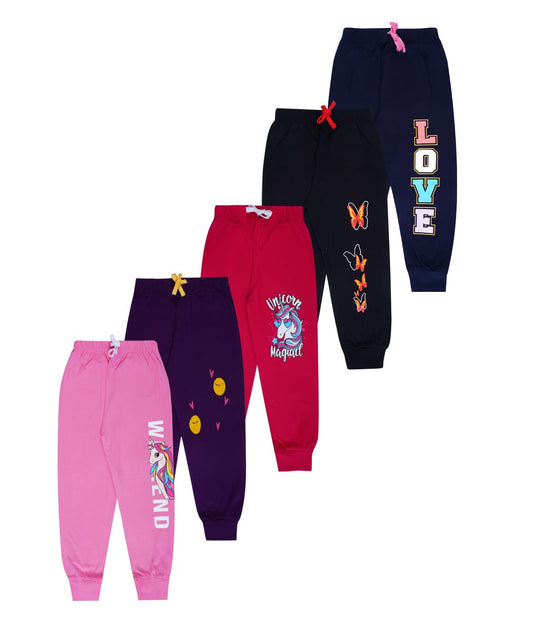 T2f Girls Regular Fit Cotton Printed Ribbed Track Pants (Pack of 5)