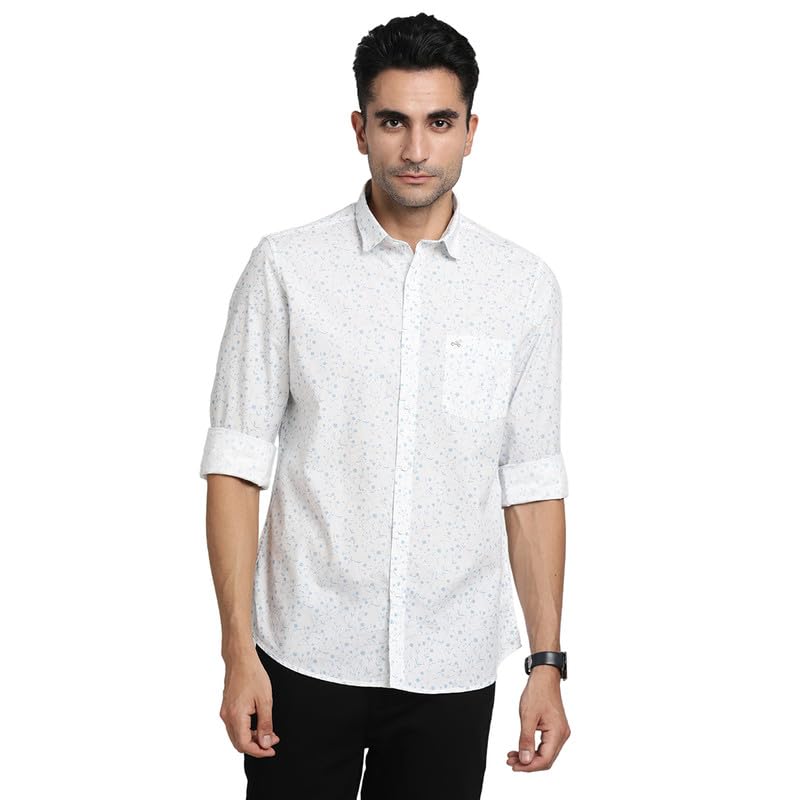 Turtle Men 100% Cotton White Printed Slim Fit Casual Shirts