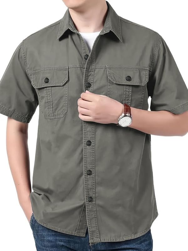 SHIENZY Mens Regular Fit Solid Printed Cotton Casual Shirt || Half Sleeve, Double Pocket || Denim Jacket Style Fashionable West