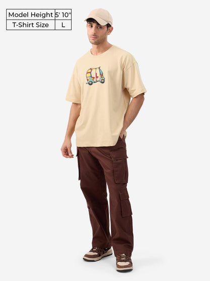 The Souled Store Auto Men and Boys Short Sleeves Round Neck Beige Embroidered Cotton Oversized T-Shirts