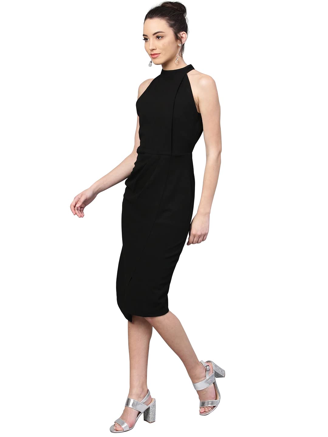 Shasmi Polyester Blend Bodycon Knee-Length WomenS Elegant Halter Neck Pleated Flounce Sleeveless Midi Dress (Dresses For Tops_B