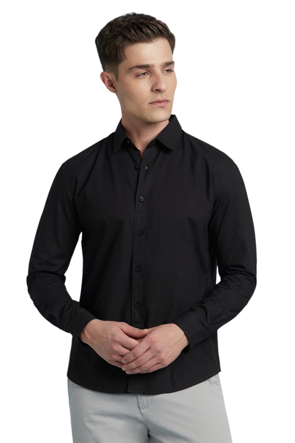 Dennis Lingo Men Cotton Regular Fit Solid Shirts Black