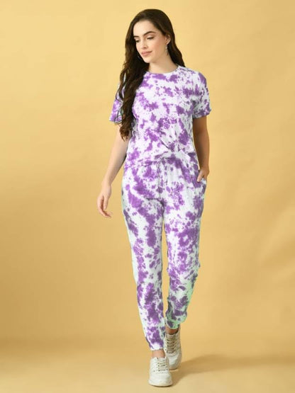 ELLITI Womens Soft Poly Cotton Tie-Dye Printed Crop Length T-Shirt and Pyjama Night Suits Set | Co-ord | Nightwear | Loungewear