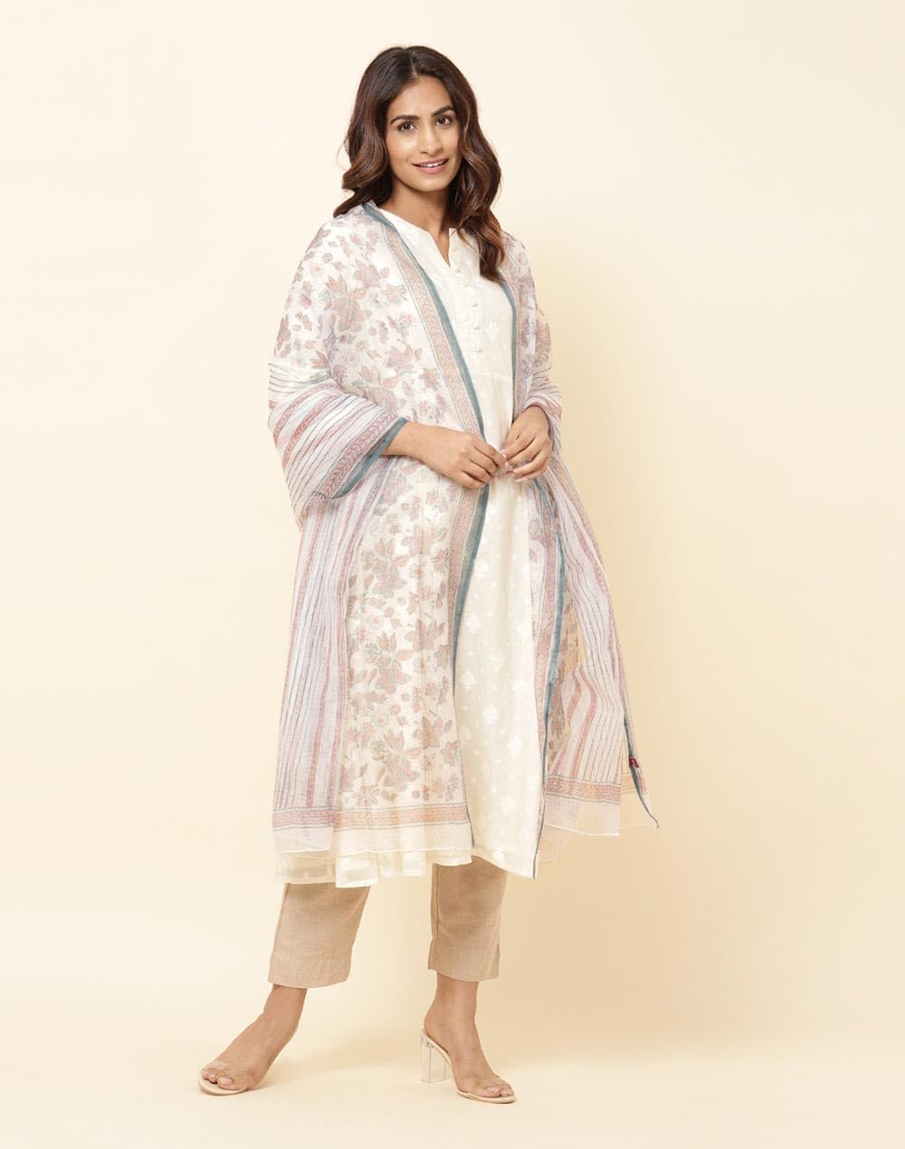 Fabindia Natural Cotton Silk Blend Hand Block Printed Dupatta | Free Size | Celebration | 1 Dupatta - 2112998NATURAL