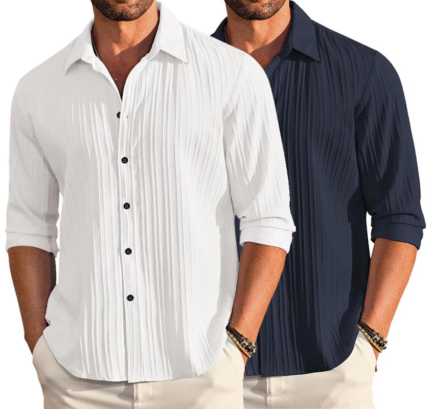 Deelmo Combo Of MenS Casual Button Down Shirts Long Sleeve Linen Shirt Fashion Textured Summer Shirts Pack Of 2 White - Navy Bl