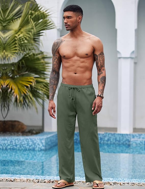 CB-COLEBROOK Mens Casual Linen Pants Elastic Waist Pants Drawstring Summer Beach Yoga Linen Trouser | Loose Fit Track Pants (in,