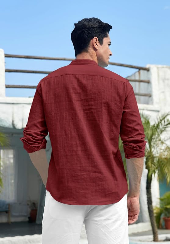 Macsivo MenS Cotton Polyester Blend Solid Regular Fit Full Sleeve Short Kurta | Lightweight Summer Short Kurta Maroon