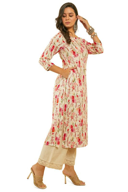 Soch Womens Fuchsia Straight Floral Print Rayon Kurta with Kantha Weave