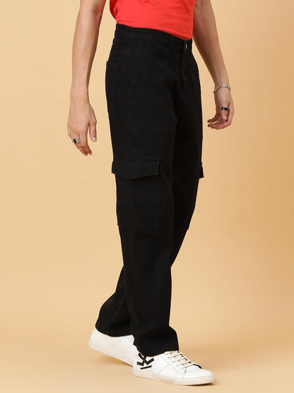 Kotty MenS Solid Mid Rise Straight Fit Stylish Looking Cargo Jeans(Black,32)