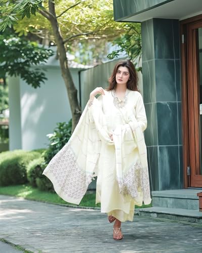 ANNI DESIGNER Women's Printed Straight Kurta with Pants & Dupatta, Large, White, Model MIRAI WHITE-VKS02