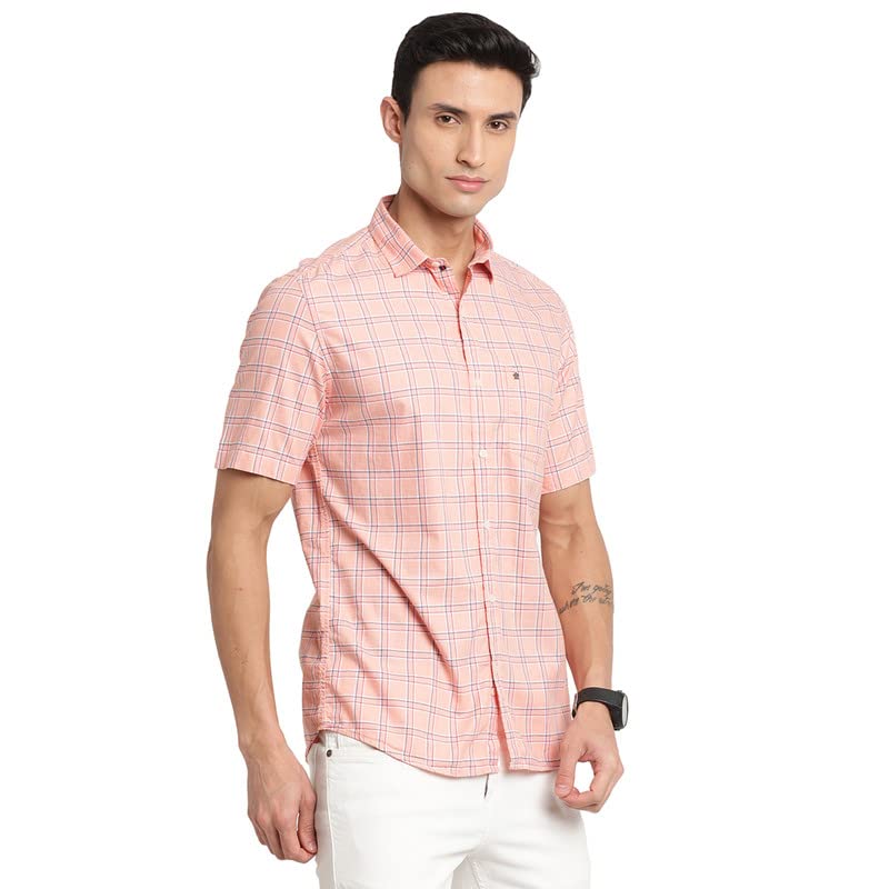 Turtle Men 100% Cotton Peach Checkered Slim Fit Full Sleeve Casual Shirt
