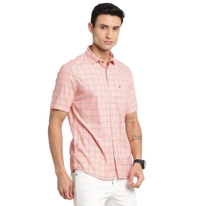 Turtle Men 100% Cotton Peach Checkered Slim Fit Full Sleeve Casual Shirt
