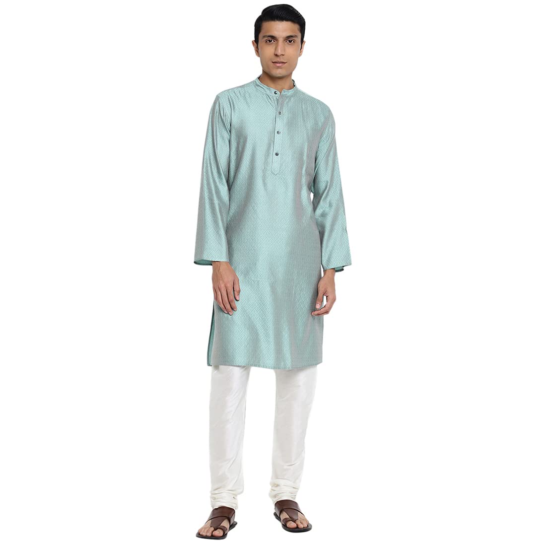 Fabindia Men Viscose Silk Long Kurta Comfort Fit Green_Xs