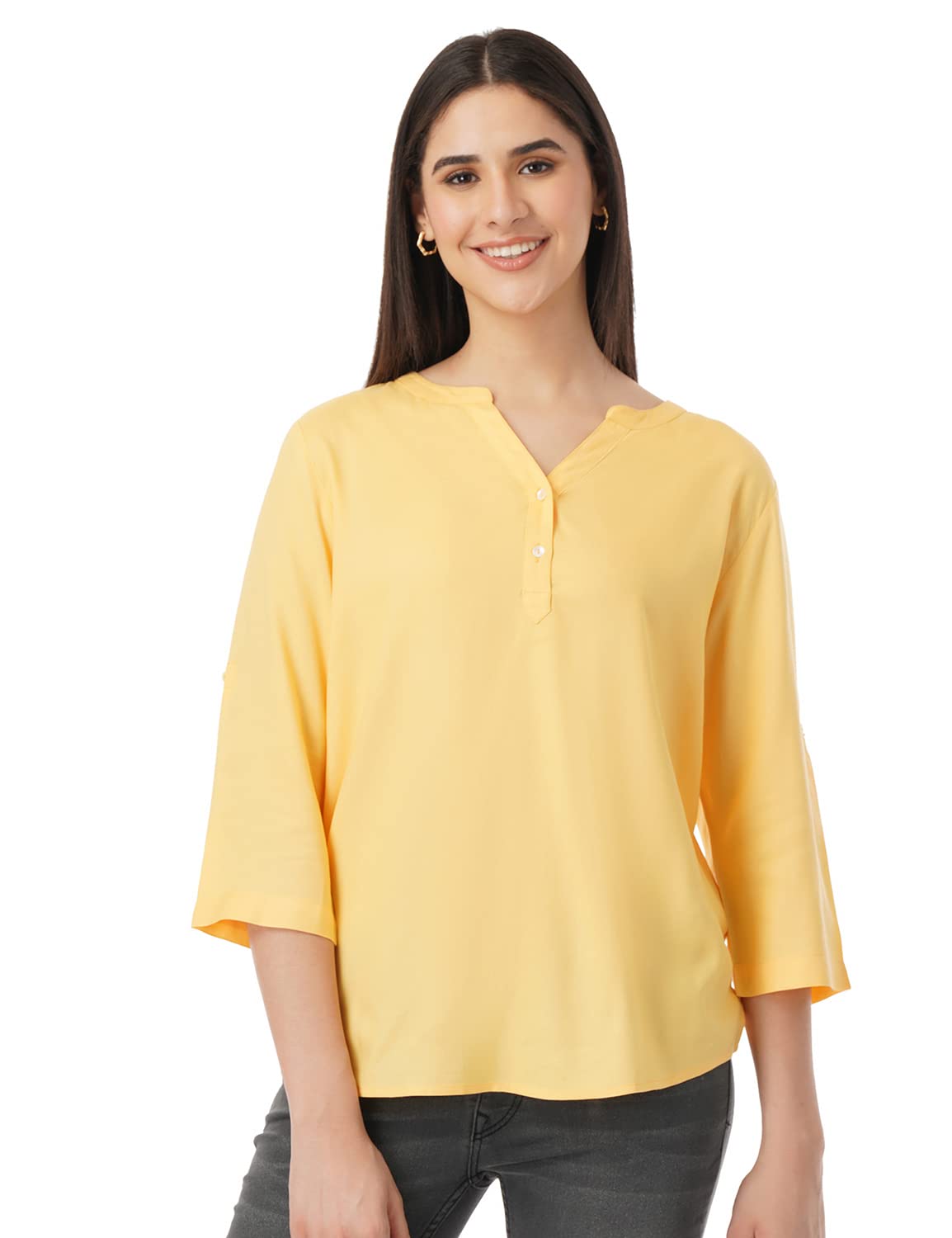 FYLTR Womens Fashion V-Neck Top with Roll-up Sleeves