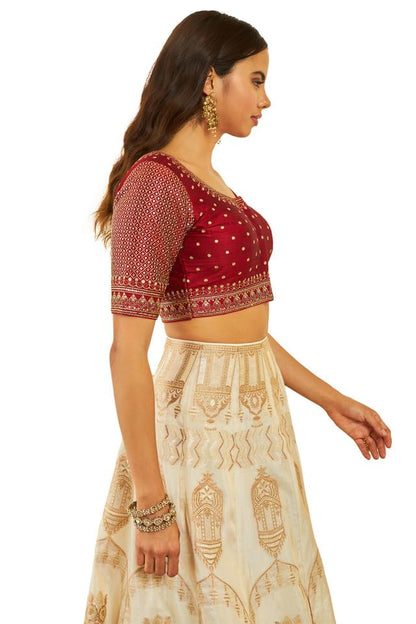 Soch Womens Maroon Tussar Sequin Embellished And Embroidered Front-Open Blouse