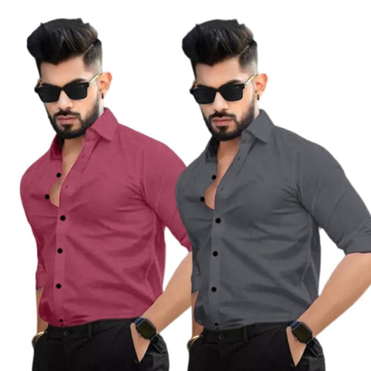 Pinkmint Cotton Blend Casual Shirt for Men Combo Shirt for Formal Wear, Regular Home Wear Pink-Grey