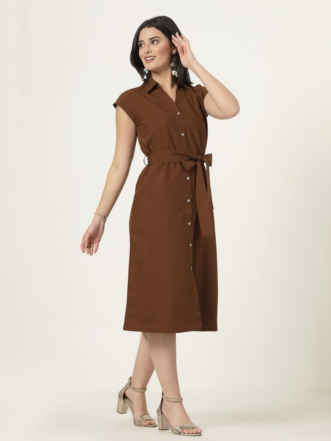 Style Quotient WomenS Shirt Dress With Self Fabric Belt And Loop Brown