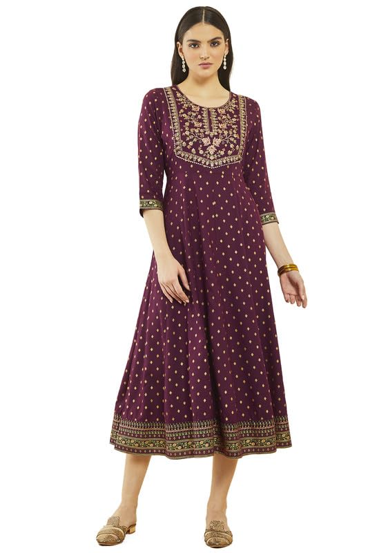 Soch Womens Wine Rayon Botanical Print Dress Kurta With Embroidery On Yoke