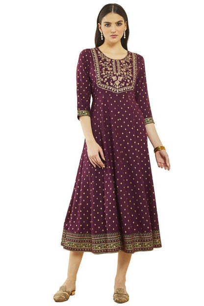 Soch Womens Wine Rayon Botanical Print Dress Kurta With Embroidery On Yoke
