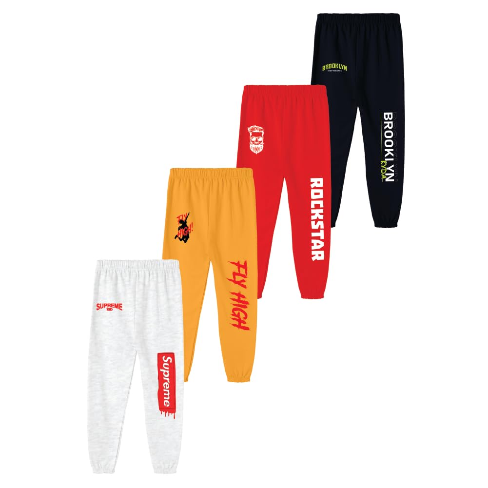 Kyda Kids Boys Mid Rise 100% Pure Cotton Printed Regular Fit Track Pants (Pack Of 4)