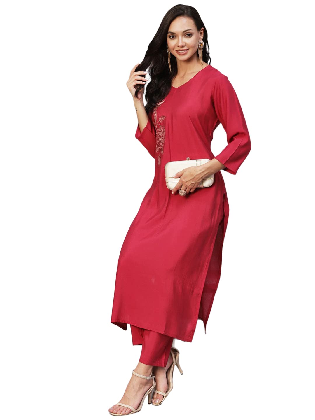 ANNI DESIGNER Womens Cotton Blend Staright Embroidered Kurta with Pant (Miti Red_S_Red_Small)