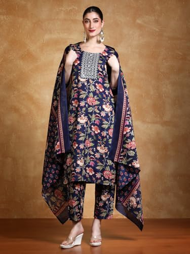 Varanga Floral Printed Thread Work Straight Kurta With Trousers & Dupatta
