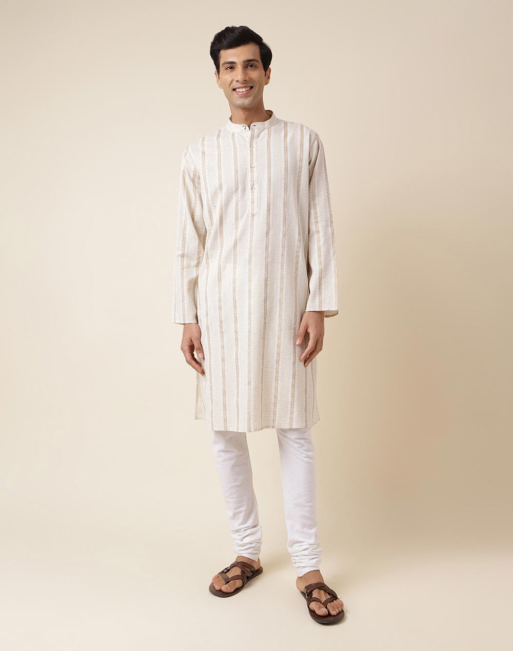 Fabindia Men's Cotton Linen Striped Relaxed Kurta (1032034OFFWHITE_Off White