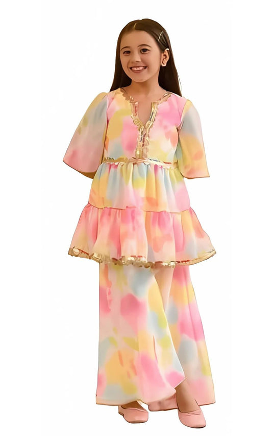 Naixa Girls Multicolor Printed Georgette Sharara And Choli Set | Kurta Sharara Set For Kids, Girls | Top And Sharara Set For Gir