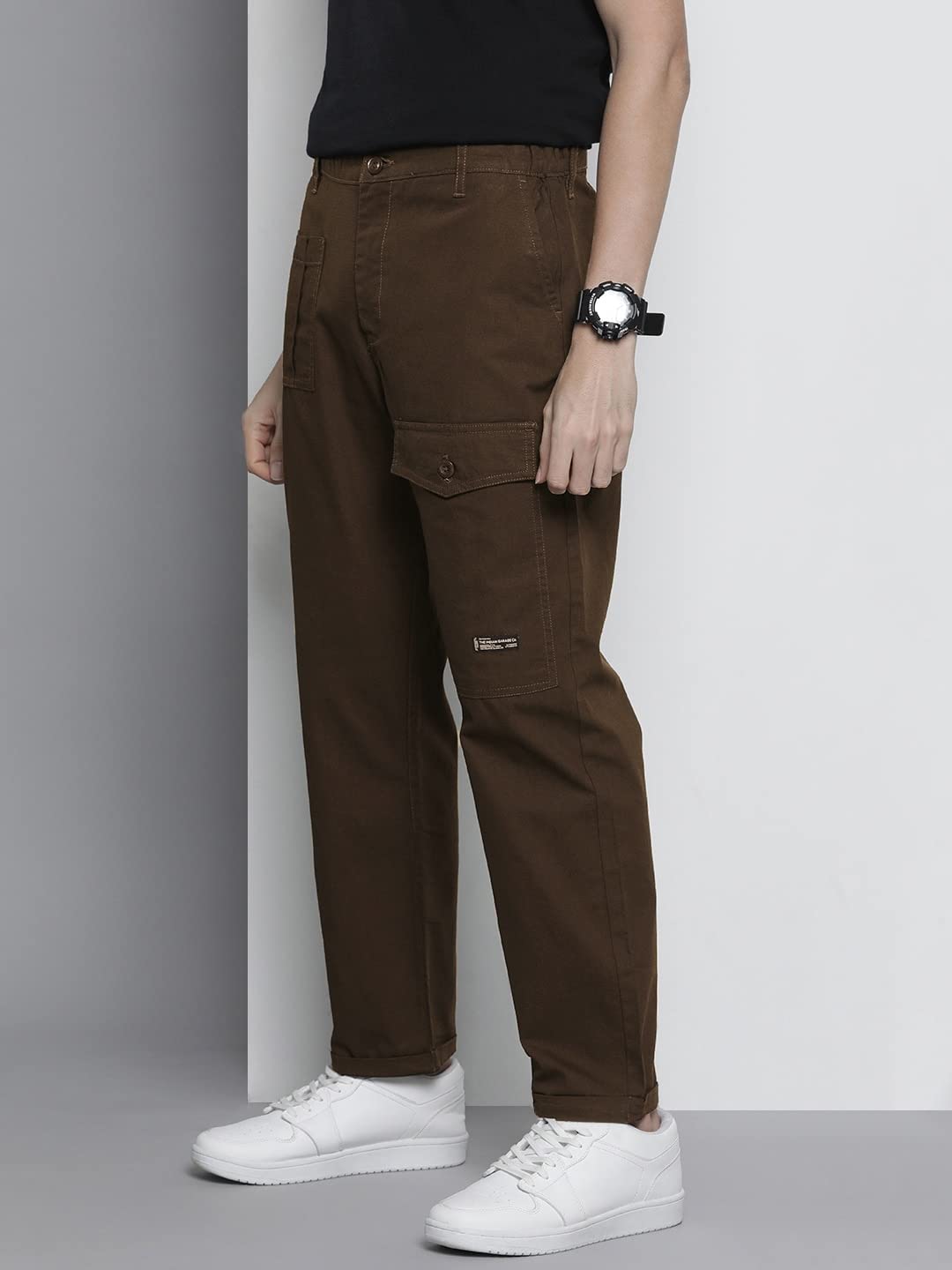 The Indian Garage Co Men Relaxed Fit Solid Mid-Rise Trousers Coffee