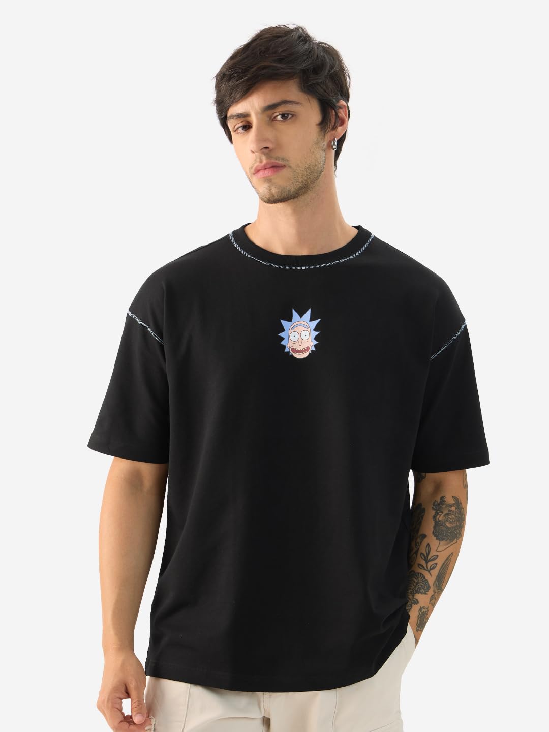 The Souled Store Official Rick & Morty: Wubba Lubba Dub Dub Men and Boys Short Sleeve Round Neck Black Graphic Printed Cotton Ov