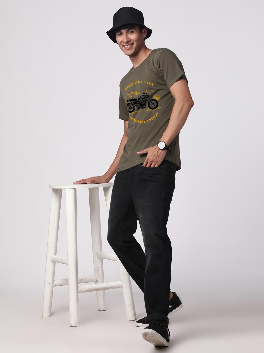 ADRO Men's Royal Bike Design Printed 100% Cotton T-Shirt - Regular Fit, Printed T-Shirts for Men (RN24-RYL-OL_Olive)