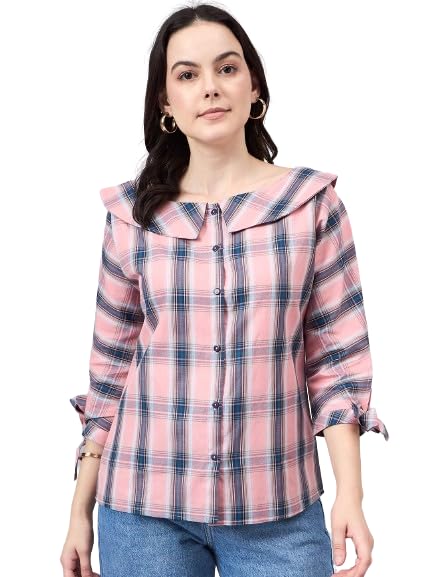 Style Quotient Women Pink & Teal Blue Checked Shirt Style Top
