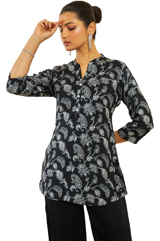 Soch Womens Black Rayon Tunic with Floral and Paisley Print